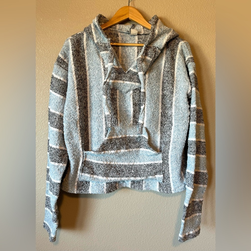 Earthbound Sweater Mens Large Blue Molina Striped Mexican Baja Hooded Poncho